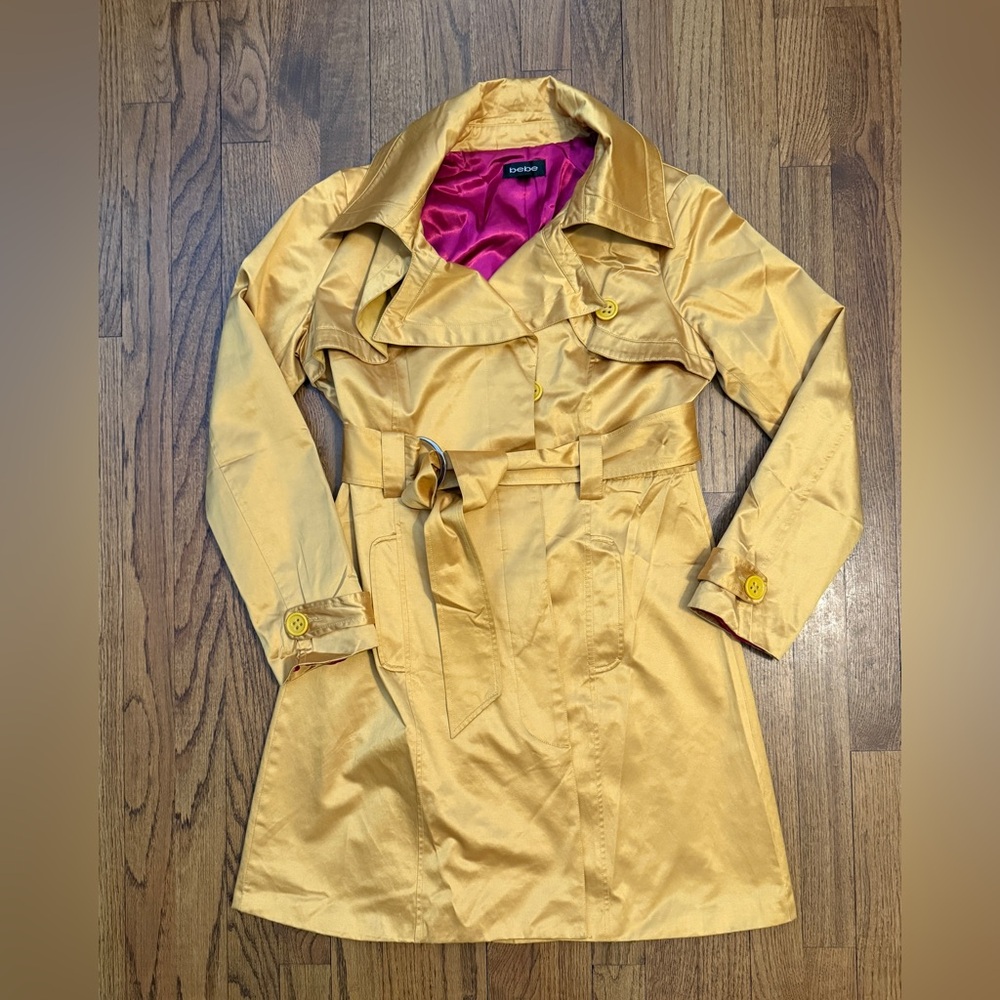 Pre-loved Bebe Gold Satin Double Breasted Trench Coat